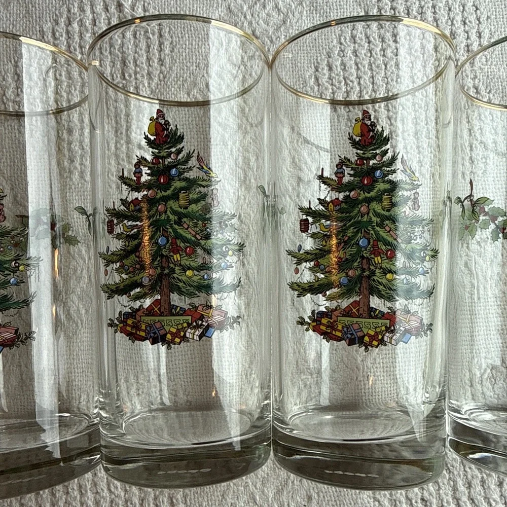 Spode Highball Tumbler Glass Christmas Tree Pattern Set of 4 6.25